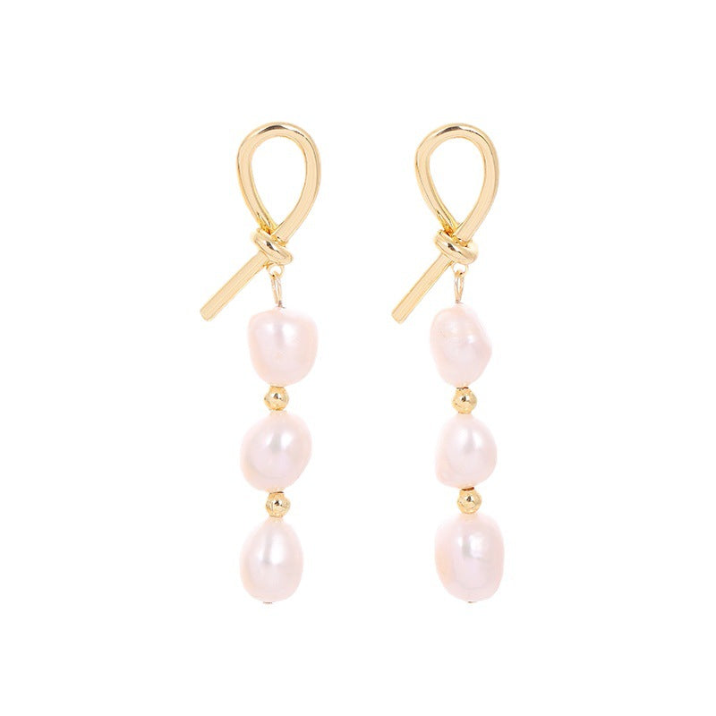 Wholesale Baroque Natural Freshwater Pearl Knotted Irregular Alloy Earrings